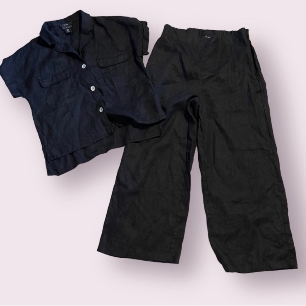 Tahari Linen Short Sleeve Button Top & Crop Wide Leg Pants Set Black Coastal-M